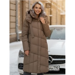 Пальто зимнее утепленное с капюшоном женское светло-коричневого цвета 7748SK