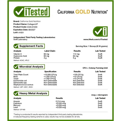 California Gold Nutrition, CollagenUP, гидролизованные пептиды морского коллагена с гиалуроновой кислотой и витамином C, с нейтральным вкусом, 206 г (7,26 унции)