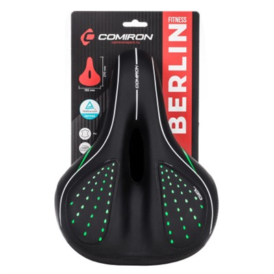 Седло велосипедное гелевое комфортное COMIRON BERLIN FITNESS C014 270X195, Технологии: ED, Эластомер, GEL, Верх: PU, Чёрный+Зелёный/ АКЦИЯ /уп 20/