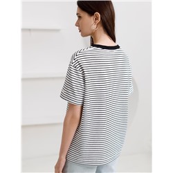 Свободная футболка в черно-белую полоску с принтом из премиального хлопка с эластаном