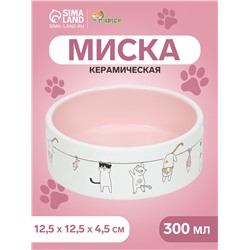 Миска керамическая "Весёлые котики",12,5 x 4,5 cм, 300 мл, белая/розовая