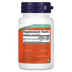 NOW Foods, пиколинат цинка, 50 мг, 60 растительных капсул (50 мг в 1 капсуле)