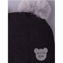 Шапка вязаная детская с двумя помпонами на завязках, нашивка MY LITTLE BEAR, черный