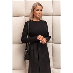 Комбинированное платье чёрное с юбкой из экокожи Хлоя №1