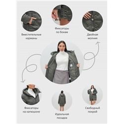 Куртка зимняя женская классическая с капюшоном темно-серого цвета 7671TC