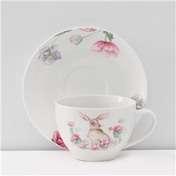 Сервиз чайный Доляна «Зайка», 12 предметов: 6 чашек 250 мл, 6 блюдец d=15 см, фарфор, белый