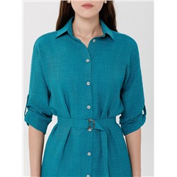 Платье А-образного силуэта сине-зелёного цвета с поясом