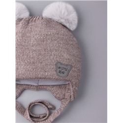 Шапка вязаная детская с двумя помпонами на завязках, нашивка MY LITTLE BEAR, коричневый