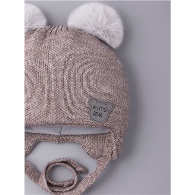 Шапка вязаная детская с двумя помпонами на завязках, нашивка MY LITTLE BEAR, коричневый