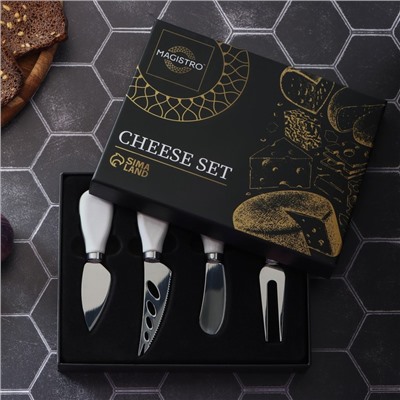 Ножи для сыра Magistro Celt, 4 предмета: нож 3 шт., вилка для сыра 1 шт., керамическая ручка, белые