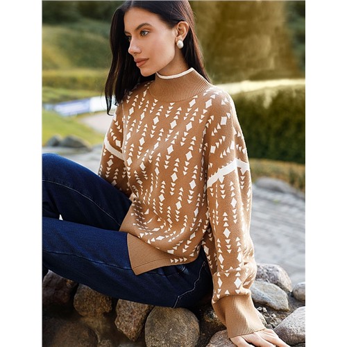 Свитер с боковыми разрезами жаккардовой вязки с кашемиром Рост 170, Размер 46, Цвет бежевый-белый