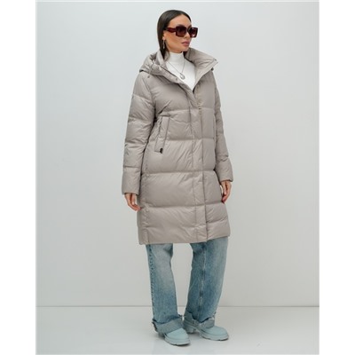 Пальто зимнее утепленное с капюшоном женское бежевого цвета 7618B