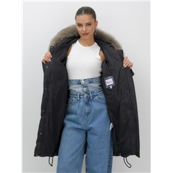 Пальто зимнее утепленное с мехом и капюшоном тренд черного цвета 7745Ch