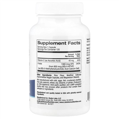 Lake Avenue Nutrition, метилфолат, 800 мкг, 120 растительных капсул