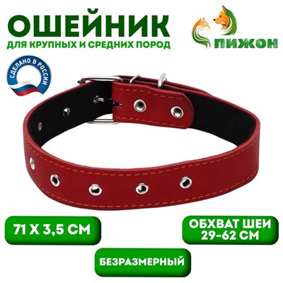 Ошейник кожаный на синтепоне, безразмерный, 71 х 3,5 см, ОШ 29-62 см, красный
