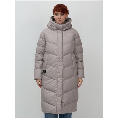 Пальто зимнее утепленное с капюшоном женское серого цвета 7623Sr