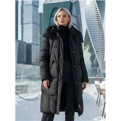 Пальто зимнее утепленное с капюшоном женское черного цвета 7709Ch