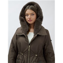 Пальто зимнее женское стильное с норкой люкс класса коричневого цвета 8628K