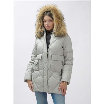 Куртка женская зимняя с мехом енот премиум класса серого цвета 3141Sr