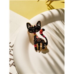 Брошь «Кошка» расписная, цвет чёрный в золоте