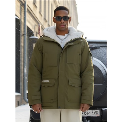 Парка мужская зимняя удлиненная с мехом хаки цвета 8751Kh