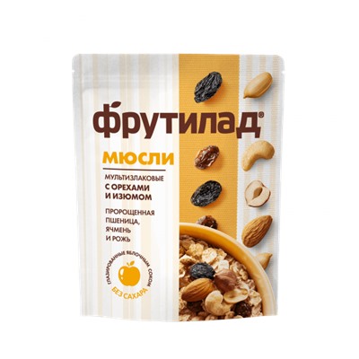 Мюсли мультизлаковые с пророщенной пшеницей и орехами, изюмом