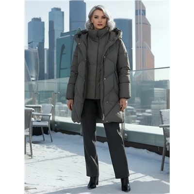 Пальто двубортная зимнее утепленное женское зеленого цвета 7732Z