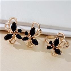 Комплект ювелирной бижутерии коллекция "Дубай" в форме цветов серьги и кольцо 19 р, покрытие позолота, вставка: фианиты, цвет: черный, арт.414.628-19