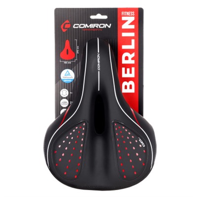 Седло велосипедное гелевое комфортное COMIRON BERLIN FITNESS C014 270X195, Технологии: ED, Эластомер, GEL, Верх: PU, Чёрный+Красный/ АКЦИЯ /уп 20/