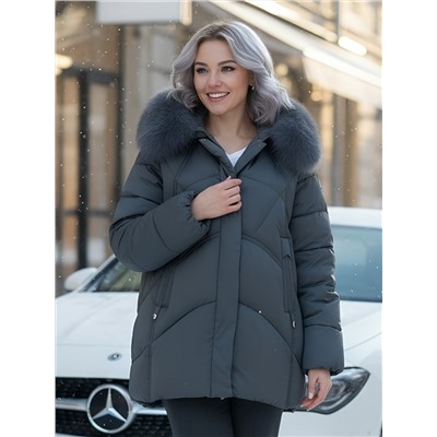 Куртка зимняя женская с мехом и капюшоном тренд темно-зеленого цвета 7656TZ