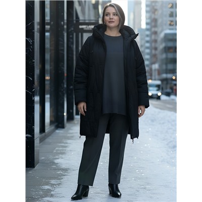 Пальто зимнее утепленное женское большого размера черного цвета 7699Ch