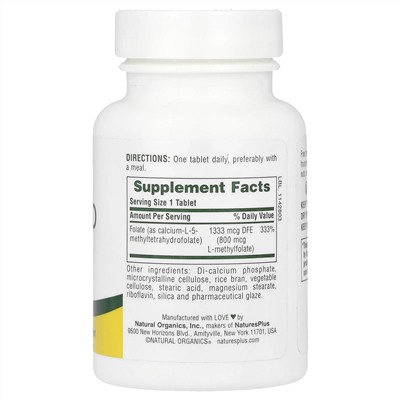 NaturesPlus, фолиевая кислота, 800 мкг, 90 таблеток