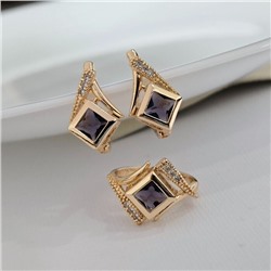 Комплект ювелирной бижутерии коллекция "Дубай" серьги и кольцо 19 р, покрытие позолота, вставка: фианит и цирконы, цвет: фиолетовый и прозрачный, арт.414.634-19