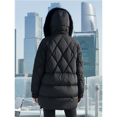 Куртка зимняя женская с мехом и капюшоном тренд черного цвета 7608Ch