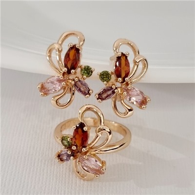 Комплект ювелирной бижутерии коллекция "Дубай" в форме цветов серьги и кольцо 19 р, покрытие позолота, вставка: фианиты, цвет: разноцветный, арт.414.630-19