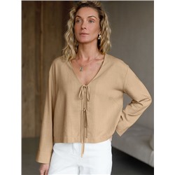 Укороченная свободная блузка с завязками и с V-вырезом изо льна с вискозой