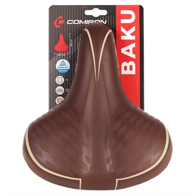 Седло велосипедное комфортное COMIRON BAKU N671DBY 260x220, Технологии: DW, ED, Эластомер, Верх: PU, Цвет: Браун /уп 15/