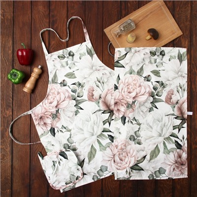 Кухонный набор «Этель. Пионы»: полотенце 40×73 см, прихватка 19×19 см, фартук 60×65±5 см