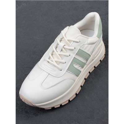 03-WG040-1M MILK/GREEN Кроссовки демисезонные женские (натуральная кожа)