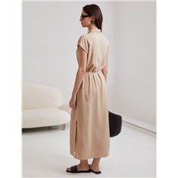 Длинное платье-рубашка с поясом и разрезами изо льна с вискозой