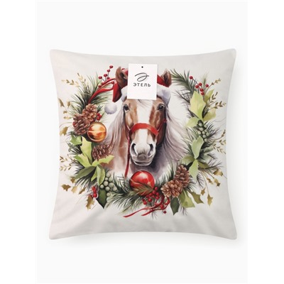 Наволочка декоративная новогодняя «Этель. Лошадь в венке», 40×40 см, велюр