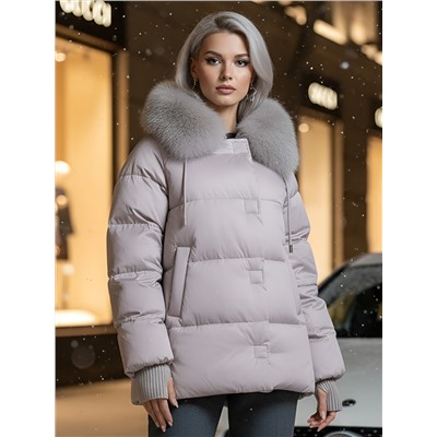 Куртка зимняя женская с мехом и капюшоном тренд светло-коричневого цвета 7658SK