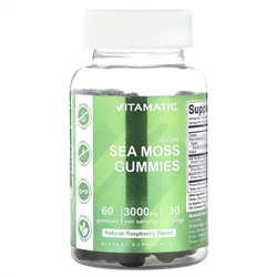 Vitamatic, жевательные веганские жевательные таблетки с морским мхом, со вкусом натуральной малины, 3000 мг, 60 жевательных таблеток (1500 мг в 1 жевательной таблетке)
