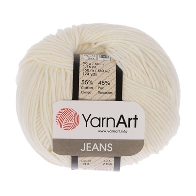 Пряжа для вязания спицами, крючком YarnArt, Jeans, 55% хлопок, 45% акрил, 160 м/50 г, (03 молочный)