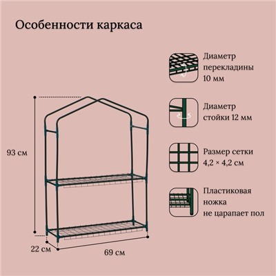 Парник-стеллаж, 2 полки, 93×22×69 см, металлический каркас d=12 мм, чехол плёнка 80 мкм, Greengo