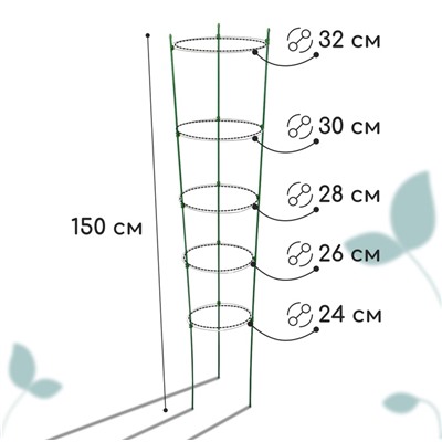 Кустодержатель, d=32–30–28–26–24 см, h=150 см, 5 колец, металл, зелёный, Greengo