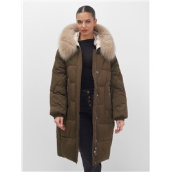 Пальто зимнее утепленное с мехом и капюшоном тренд горчичного цвета 7629G