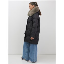 Пальто зимнее утепленное с мехом и капюшоном тренд черного цвета 7745Ch