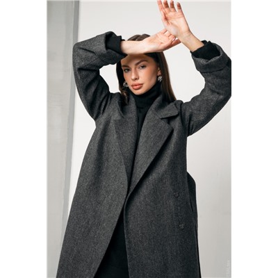 ШЕРСТЯНОЕ КЛАССИЧЕСКОЕ ПАЛЬТО МАКСИ С ПОЯСОМ, СЕРАЯ ЕЛОЧКА. АРТ. 397