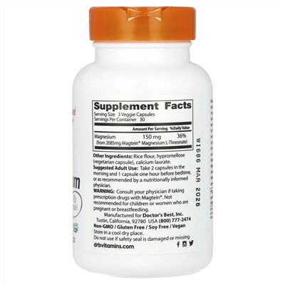 Doctor's Best, Магний для мозга с Magtein, 150 мг, 90 вегетарианских капсул (50 мг на капсулу)